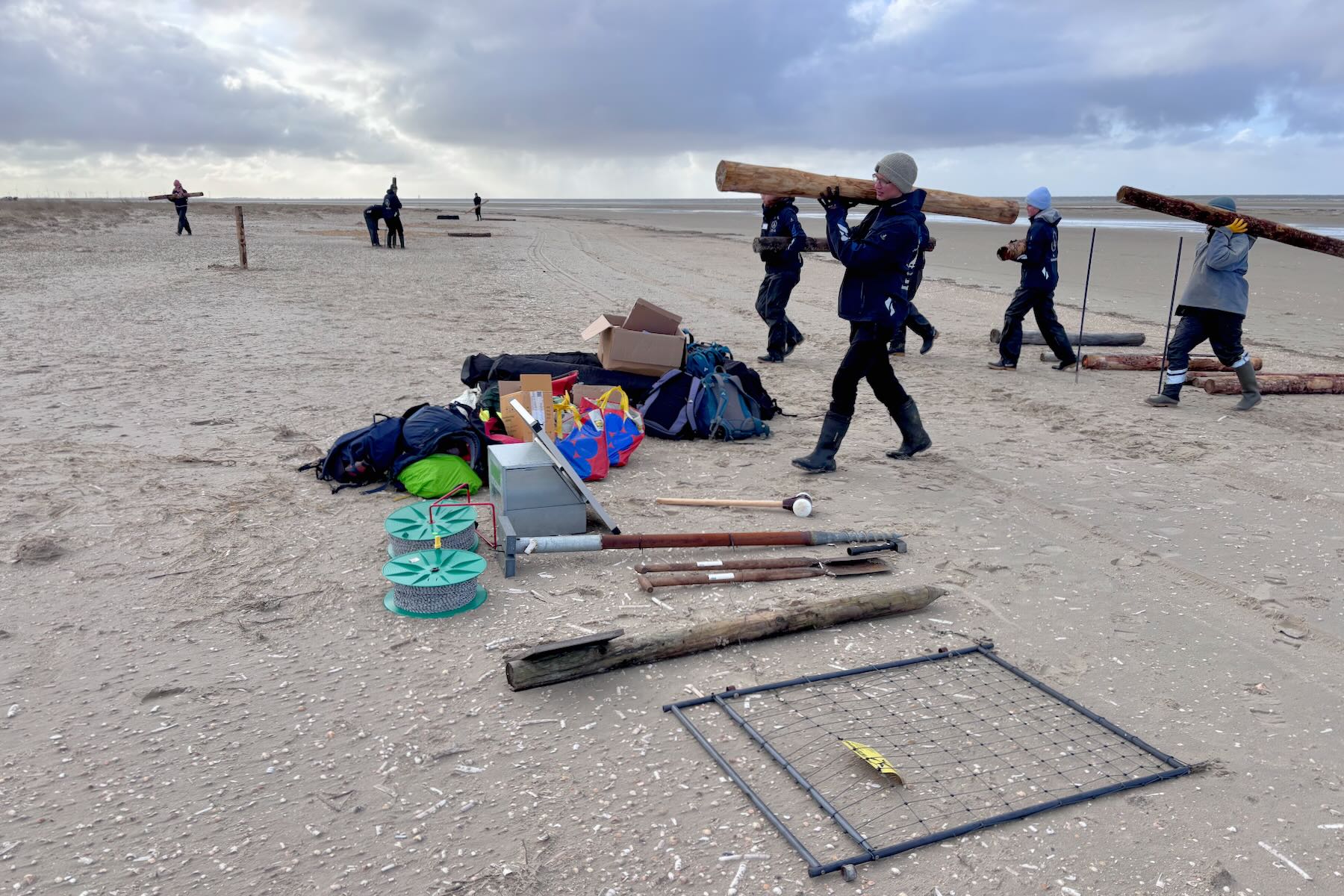 Freiwillige schleppen Pfähle Freiwillige schleppen Pfähle